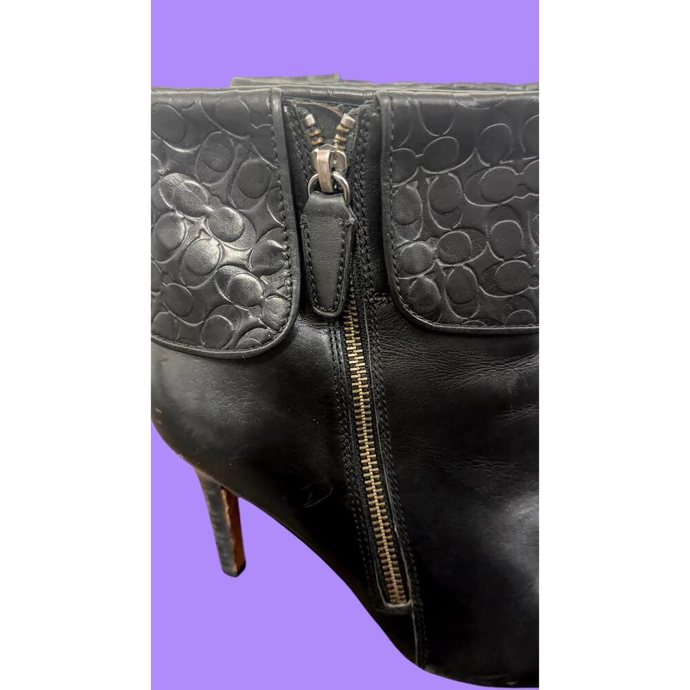 Coach Size 8 Mackenna High Heel Booties Boots Embossed Cuff Leather Black Shoes - Picture 2 of 7
